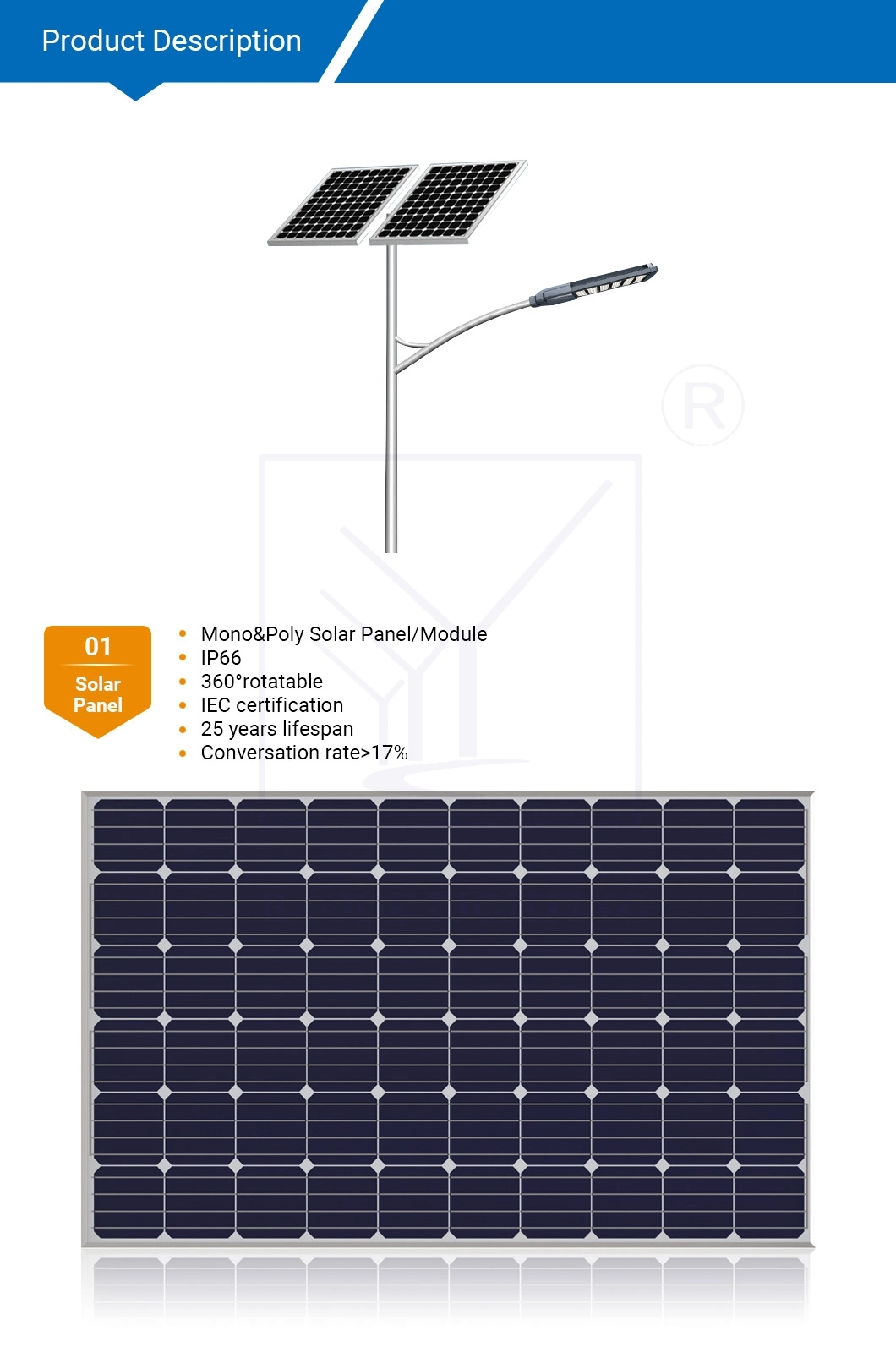 20W LED Solar Street Light with 5m Pole Motion Sensor Lamp Outdoor Lighting